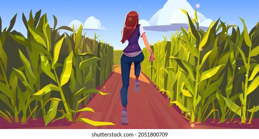 Woman run in corn field rear view, sport workout, girl running by dirt road with green plant stems around. Female character fitness, jogging exercise or outdoor training, Cartoon vector illustration
