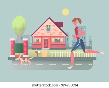 Woman run with dog on street