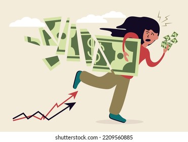 Woman Run With Dollar Bill Collapsing. Money Loss And Decline In Value. Girl With Banknote Struggle With Financial Crisis Or Bankruptcy. Inflation And Deflation Concept. Vector Illustration.