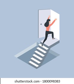 Woman Run Up  To Door On Top Of Stairs Isometric Concept Vector