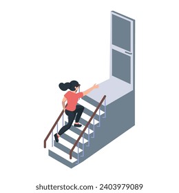 woman run up  to door on top of stairs isometric vector