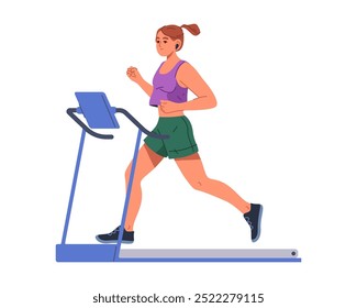 Mujer corriendo en la cinta de correr del gimnasio o mujer trotando en pista de carreras. Entrenamiento cardiovascular de Vector o entrenamiento de fitness, chica atleta corriendo. Ejercicio de persona de velocista de dibujos animados. Actividad de deportista indoor. Pista de trote