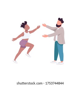 Woman run to hug man flat color vector faceless characters. Female want to embrace male friend. Happy couple. Friendship isolated cartoon illustration for web graphic design and animation