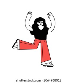Woman run. Hurrying character gestures. Flat cartoon illustration isolated on white. Happy Girl raised hands up