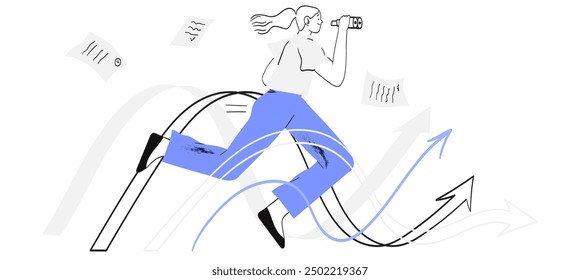 Seguir Mujer corre y mira en el trabajo de búsqueda binocular o la inspiración en dirección estrecha. Carrera o crecimiento personal o elección. Ilustración vectorial del proceso educativo en estilo de esquema simple para cursos.