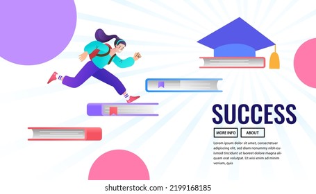 Woman run on stairs of books stacks to award on top. Concept of reading and knowledge help achieve goals, success in education and career. Vector flat illustration of girl and prize on books staircase