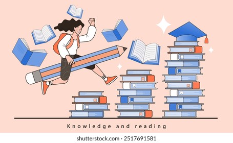 Woman run on stairs of books stacks to award on top. Concept of reading and knowledge help achieve goals, success in education and career. Vector flat illustration of girl and prize on books staircase