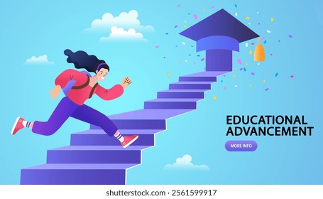 Woman run on stairs of books stacks to award on top. Concept of reading and knowledge help achieve goals, success in education and career. Vector flat illustration of girl and prize on books staircase