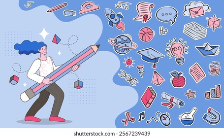 Woman run on stairs of books stacks to award on top. Concept of reading and knowledge help achieve goals, success in education and career. Vector flat illustration of girl and prize on books staircase