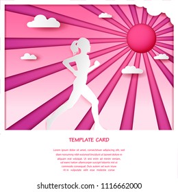 Woman run Poster Template. Pink sweet tone background, Greeting Card, paper art style. Workout girl. Sports and Health Care, Vector illustration.