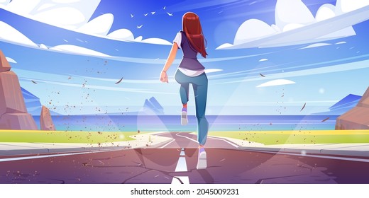 Woman run, sport workout, girl running by road with mountains around and ocean landscape rear view. Female character fitness, jogging exercise or marathon, outdoor training Cartoon vector illustration