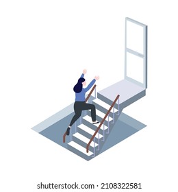 woman run up stairs  isometric concept sign