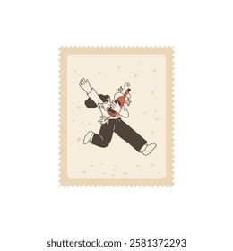 Woman run with wine bottle on postage stamp. Tasting event square perforated edges emblem. Party with alcohol drinks. Person visit a vineyard. Vector hand drawn doodle illustration.