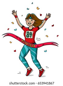 Woman runner cross the finish line. Girls power. Do it. Cartoon style. Marathon. Vector illustration.