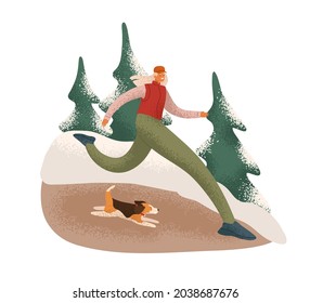 Woman runner jogging with dog in winter forest. Jogger running outdoors in cold weather with snow. Person in sportswear training in nature. Flat vector illustration isolated on white background