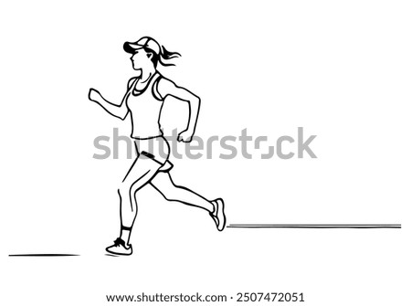 Woman Runner Minimalist Art Drawing. Woman Player Black Silhouette On White Vector Illustration. Running Sport Concept Modern Minimalist Drawing. Sport Logo Design