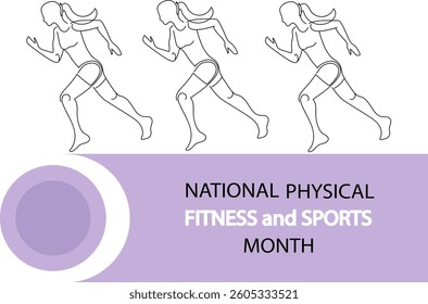 Woman runner for national physical fitness and sports month, girl running. healthy lifestyle and wellbeing. wellness week.  Vector drawing continuous line art  illustration.