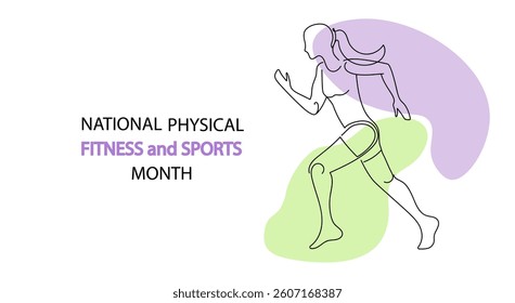 Woman runner for national physical fitness and sports month, girl running. healthy lifestyle and wellbeing. wellness week.  Vector drawing continuous line art  illustration.