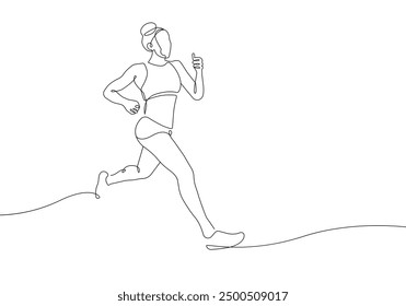 Woman Runner One Line Drawing. Running Abstract Minimal Drawing. Continuous One Line Woman Run Sport Illustration. Modern Trendy Contour Drawing. Vector EPS 10.