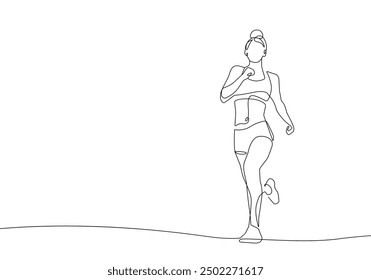 Woman Runner One Line Drawing. Running Abstract Minimal Drawing. Continuous One Line Woman Run Sport Illustration. Modern Trendy Contour Drawing. Vector EPS 10.