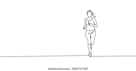 Woman Runner One Line Drawing. Running Abstract Minimal Drawing. Continuous One Line Woman Run Sport Illustration. Modern Trendy Contour Drawing. Vector EPS 10.