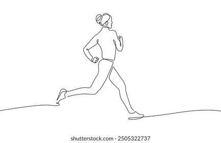 Woman Runner One Line Drawing. Running Abstract Minimal Drawing. Continuous One Line Woman Run Sport Illustration. Modern Trendy Contour Drawing. Vector EPS 10.