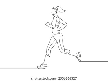 Woman Runner One Line Drawing. Running Abstract Minimal Drawing. Continuous One Line Woman Run Sport Illustration. Modern Trendy Contour Drawing. Vector EPS 10.