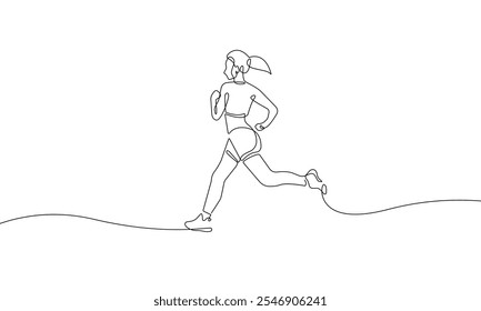 Woman Runner One Line Drawing. Running Abstract Minimal Drawing. Continuous One Line Woman Run Sport Illustration. Modern Trendy Contour Drawing. Vector EPS 10. Not AI!