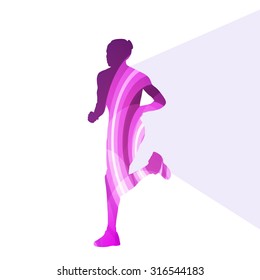 Woman runner sprinter silhouette illustration vector background colorful concept made of transparent curved shapes