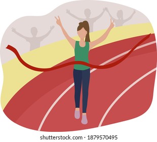 A woman runner is the winner. She crosses the finish line through a red ribbon. Running competition, distance marathon or sports jogging in a stadium.  Vector flat illustration.
