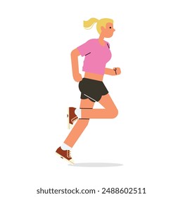 Mujer corriendo. Chica activa trotando. Corredor, ejercicio cardiovascular, entrenamiento. Joven mujer jogger entrenamiento en pantalones cortos deportivos y zapatillas de deporte. Ilustración vectorial plana aislada sobre fondo blanco.