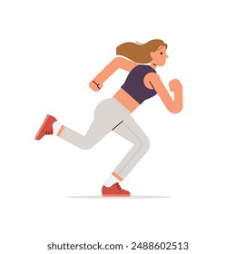 Mujer corriendo. Chica activa trotando. Corredor, ejercicio cardiovascular, entrenamiento. Joven mujer jogger entrenamiento en pantalones cortos deportivos y zapatillas de deporte. Ilustración vectorial plana aislada sobre fondo blanco.