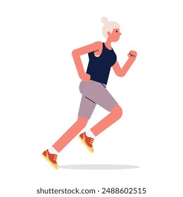 Mujer corriendo. Chica activa trotando. Corredor, ejercicio cardiovascular, entrenamiento. Joven mujer jogger entrenamiento en pantalones cortos deportivos y zapatillas de deporte. Ilustración vectorial plana aislada sobre fondo blanco.