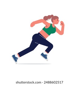 Mujer corriendo. Chica activa trotando. Corredor, ejercicio cardiovascular, entrenamiento. Joven mujer jogger entrenamiento en pantalones cortos deportivos y zapatillas de deporte. Ilustración vectorial plana aislada sobre fondo blanco.