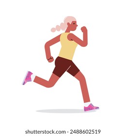 Woman running. Active girl jogging. Runner, cardio exercise, workout. Young female jogger training in sport shorts and sneakers. Flat vector illustration isolated on white background.