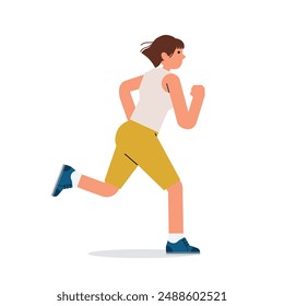 Mujer corriendo. Chica activa trotando. Corredor, ejercicio cardiovascular, entrenamiento. Joven mujer jogger entrenamiento en pantalones cortos deportivos y zapatillas de deporte. Ilustración vectorial plana aislada sobre fondo blanco.