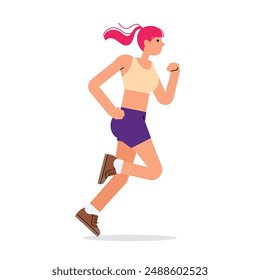 Mujer corriendo. Chica activa trotando. Corredor, ejercicio cardiovascular, entrenamiento. Joven mujer jogger entrenamiento en pantalones cortos deportivos y zapatillas de deporte. Ilustración vectorial plana aislada sobre fondo blanco.