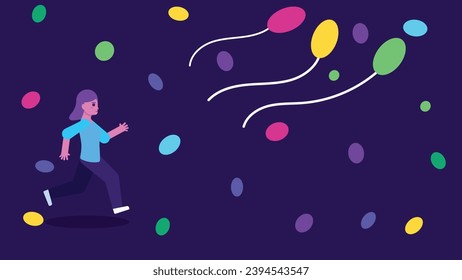 Woman running after balloons. Flat vector illustration. Celebrate anniversary, birthday, freedom, festival, carnival concept.