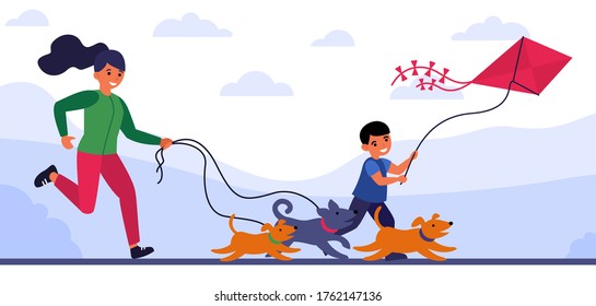 Woman running after dogs, and her son after kite. Mother and boy jogging outdoors flat vector illustration. Family jogging concept for banner, website design or landing web page