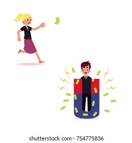 Woman running after flying banknote, man drawing, attracting money with giant magnet, cartoon vector illustration isolated on white background. Earning money, attracting investments, flying money