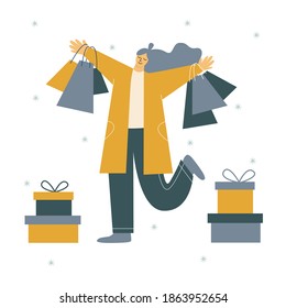 Woman running after shopping with gifts and bags isolated on white background. Winter sales. Vector illustration. Christmas shopping concept.