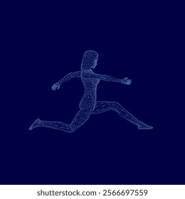 Woman is running in the air with her arms outstretched. The image is in blue and the woman is the main focus