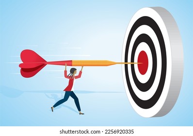 Woman running with arrow and hit bulls eye. Dimension 16:9. Vector illustration.