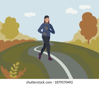 A woman running in an autumn park. Sports training on the street. Runner in motion. Woman in Marathon or long run outside. running and every day fitness in all weathers. Woman wearing comfortable athletic clothing