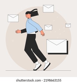Woman woman running away from bunch of emails. Email bubble with a head of the customer service representative. Symbol of message, sending a letter or message. Flat style vector illustration.