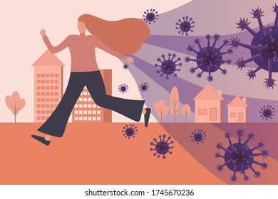 ํYoung woman running away from coronavirus(2019-nCoV),concept of coronavirus quarantine vector illustration