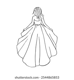 woman running away in fluffy dress holding on to hem, hair fluttering - hand drawn line art sketch