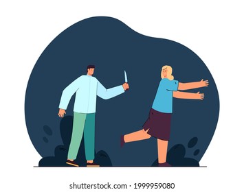 Woman running away from maniac with knife. Killer chasing victim at night flat vector illustration. Crime, murderous assault, criminal concept for banner, website design or landing web page