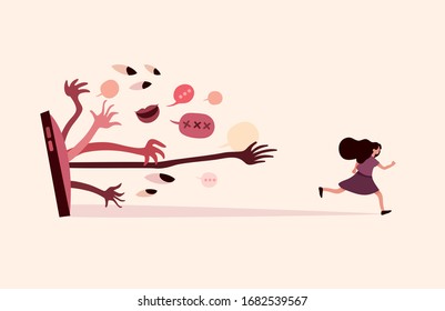 A Woman Is Running Away From Profanity And Sexual Harassment. Cyberbulling Illustration.