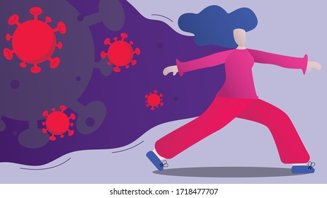 A woman running away from a virus. Covid-19 Coronavirus concept. vector, Illustrator.
